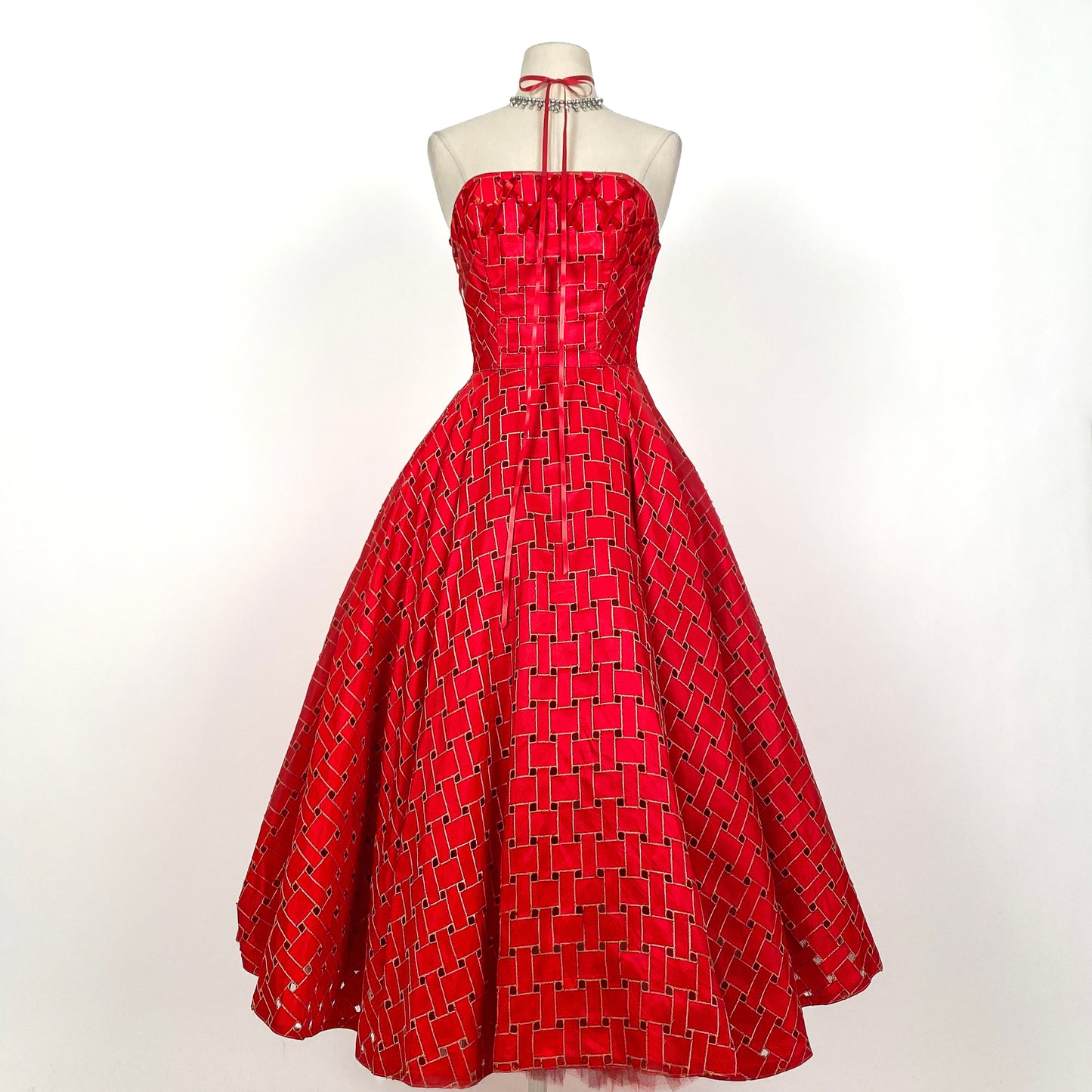 1950s Crimson Red Tulle Party Dress With Woven Skirt / Waist 26