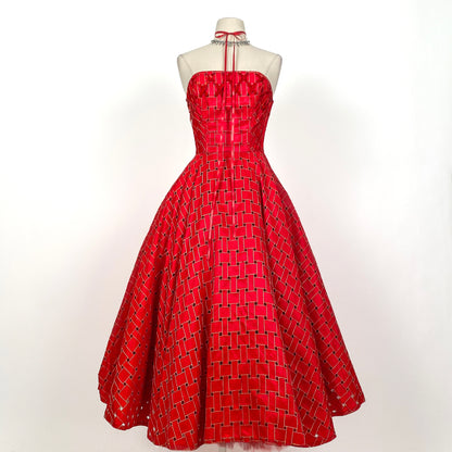 1950s Crimson Red Tulle Party Dress With Woven Skirt / Waist 26