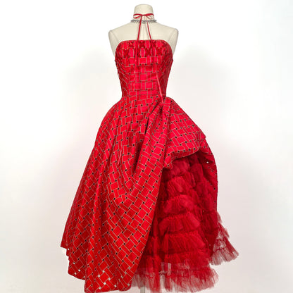 1950s Crimson Red Tulle Party Dress With Woven Skirt / Waist 26