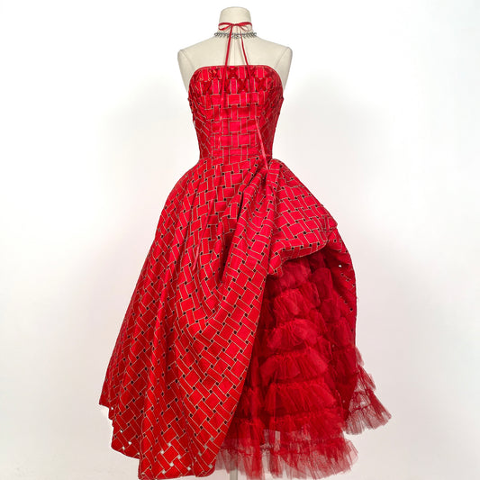 1950s Crimson Red Tulle Party Dress With Woven Skirt / Waist 26