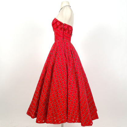 1950s Crimson Red Tulle Party Dress With Woven Skirt / Waist 26