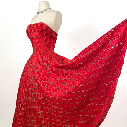 1950s Crimson Red Tulle Party Dress With Woven Skirt / Waist 26
