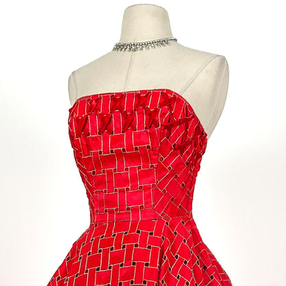 1950s Crimson Red Tulle Party Dress With Woven Skirt / Waist 26