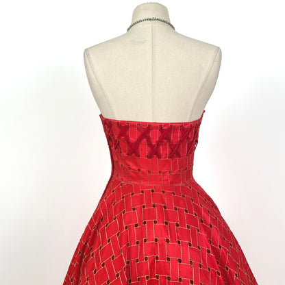 1950s Crimson Red Tulle Party Dress With Woven Skirt / Waist 26