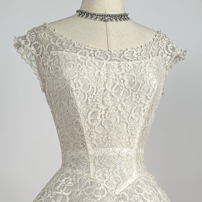 Darling 1950s Lace and Tulle Tea Length Wedding Gown / Waist 24