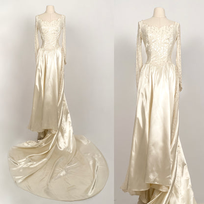 1940 Candlelight Satin Wedding Gown with Lace Bodice & Side Panels / Waist 28