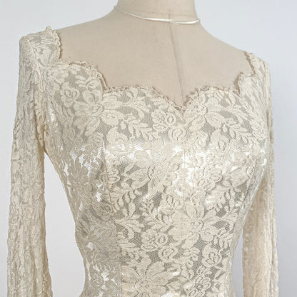 1940 Candlelight Satin Wedding Gown with Lace Bodice & Side Panels / Waist 28