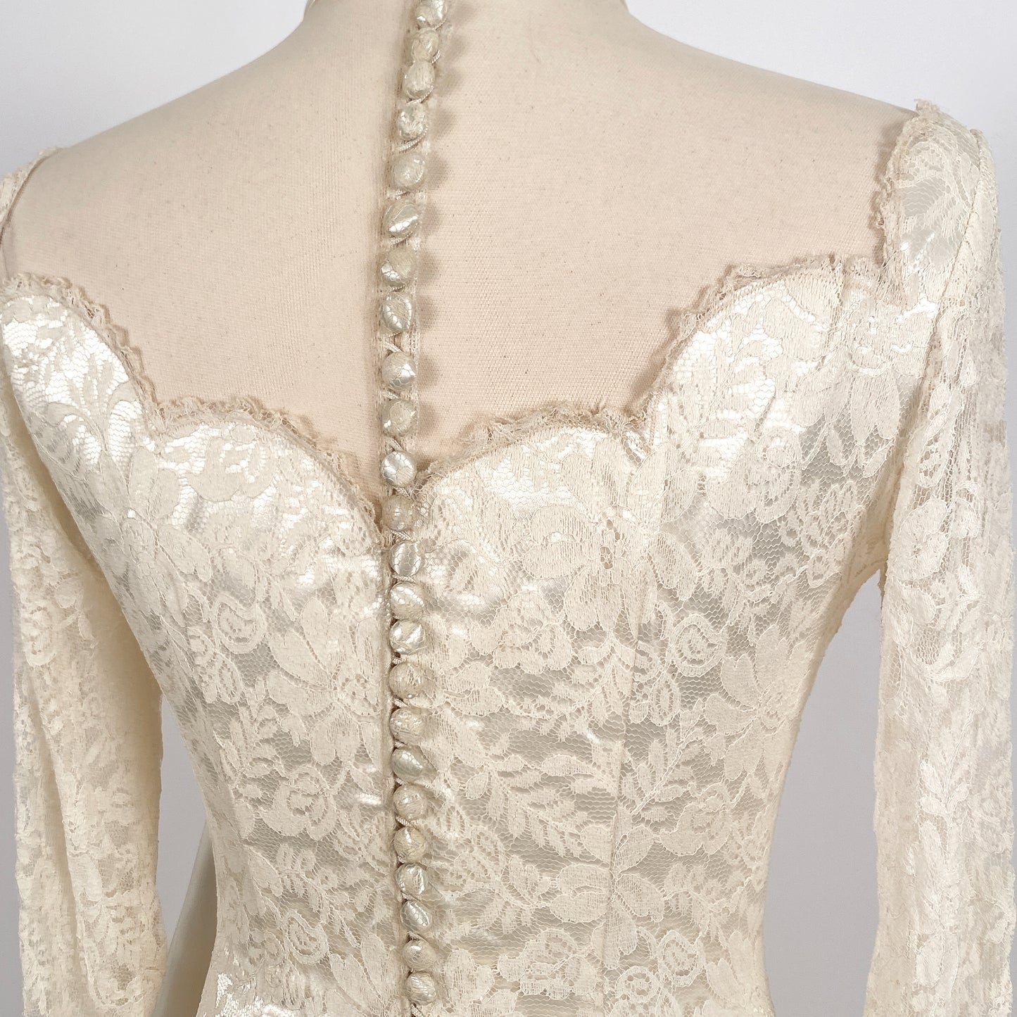 1940 Candlelight Satin Wedding Gown with Lace Bodice & Side Panels / Waist 28