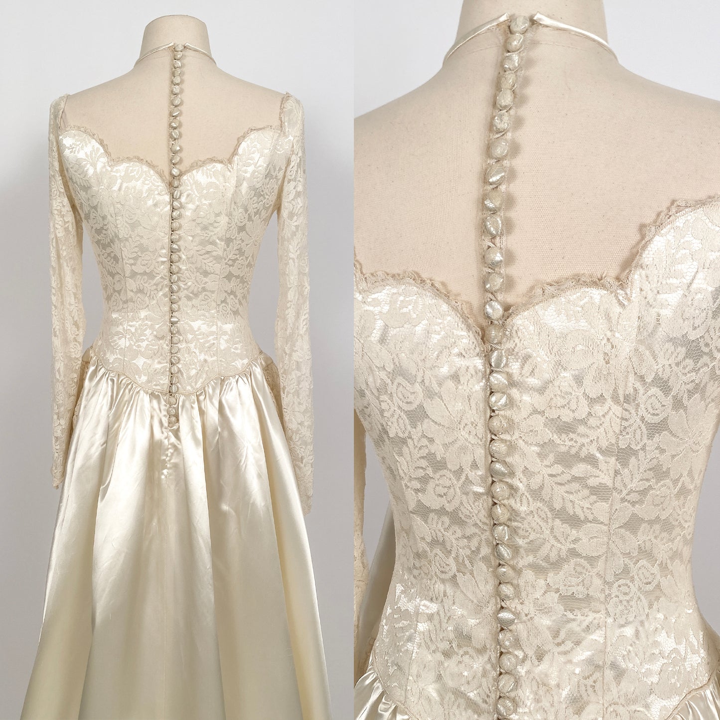 1940 Candlelight Satin Wedding Gown with Lace Bodice & Side Panels / Waist 28