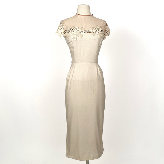1950s Beige Linen Dress with Illusion Neckline / Waist 32