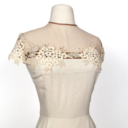 1950s Beige Linen Dress with Illusion Neckline / Waist 32