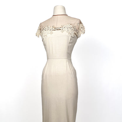 1950s Beige Linen Dress with Illusion Neckline / Waist 32