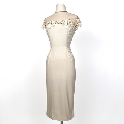 1950s Beige Linen Dress with Illusion Neckline / Waist 32