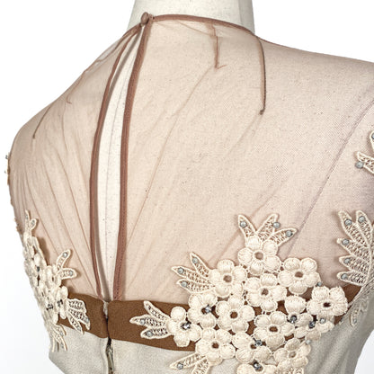 1950s Beige Linen Dress with Illusion Neckline / Waist 32