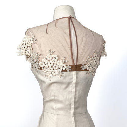 1950s Beige Linen Dress with Illusion Neckline / Waist 32