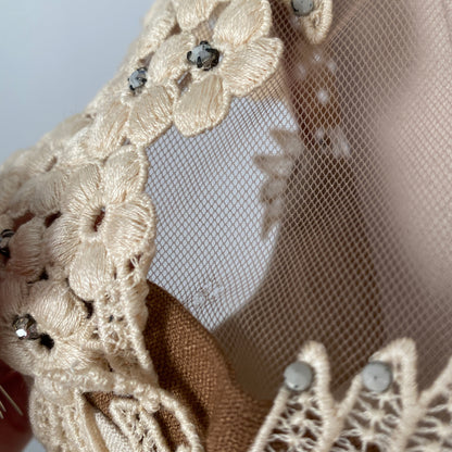 1950s Beige Linen Dress with Illusion Neckline / Waist 32