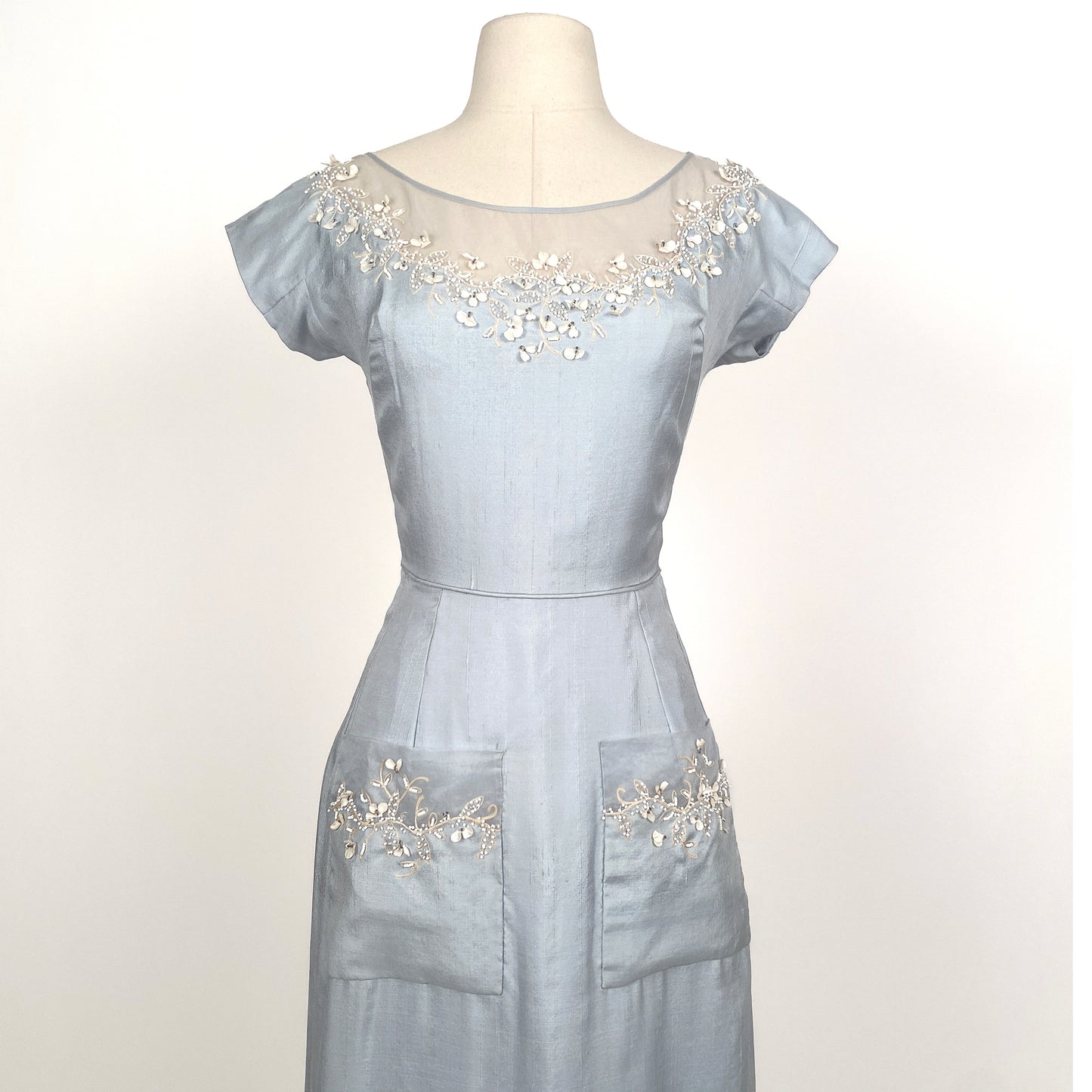 1950s 'Oh So Pretty' Powder Blue Wiggle Dress with Beaded Neckline / Waist 26