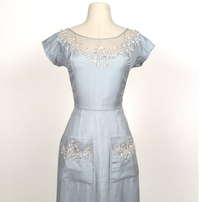1950s 'Oh So Pretty' Powder Blue Wiggle Dress with Beaded Neckline / Waist 26