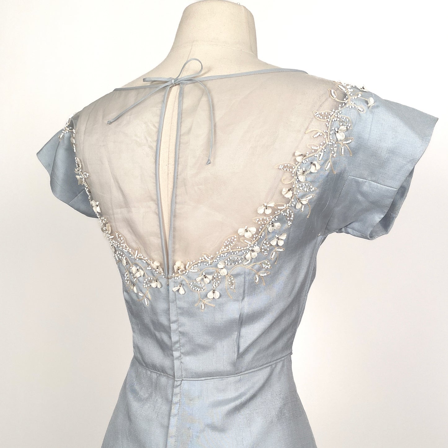 1950s 'Oh So Pretty' Powder Blue Wiggle Dress with Beaded Neckline / Waist 26