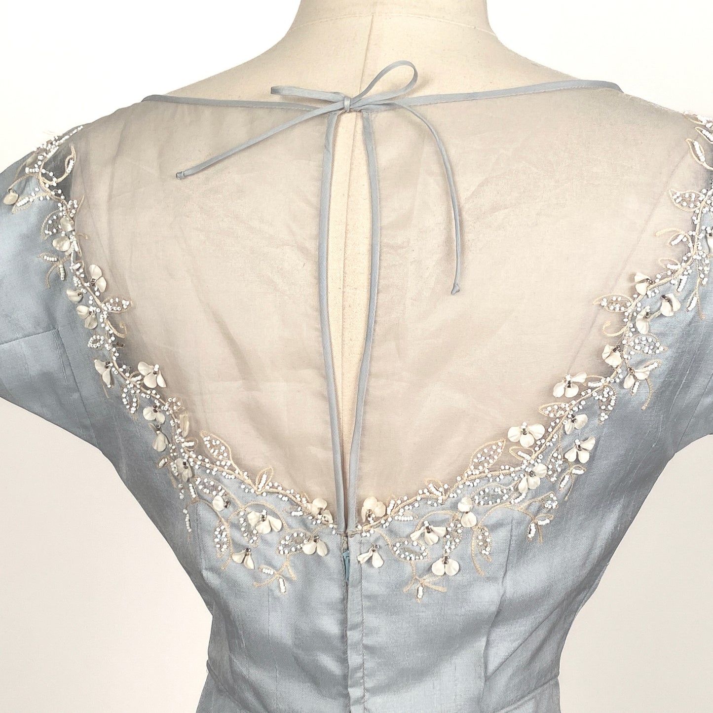 1950s 'Oh So Pretty' Powder Blue Wiggle Dress with Beaded Neckline / Waist 26