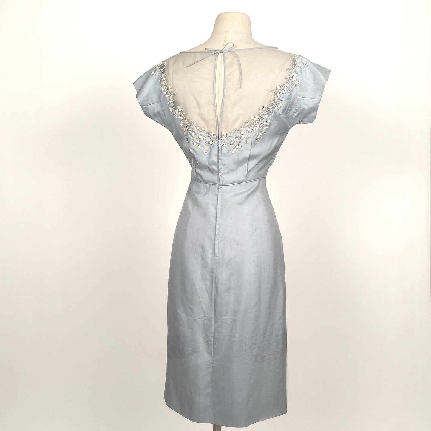 1950s 'Oh So Pretty' Powder Blue Wiggle Dress with Beaded Neckline / Waist 26