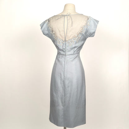 1950s 'Oh So Pretty' Powder Blue Wiggle Dress with Beaded Neckline / Waist 26