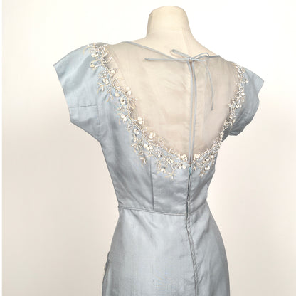 1950s 'Oh So Pretty' Powder Blue Wiggle Dress with Beaded Neckline / Waist 26