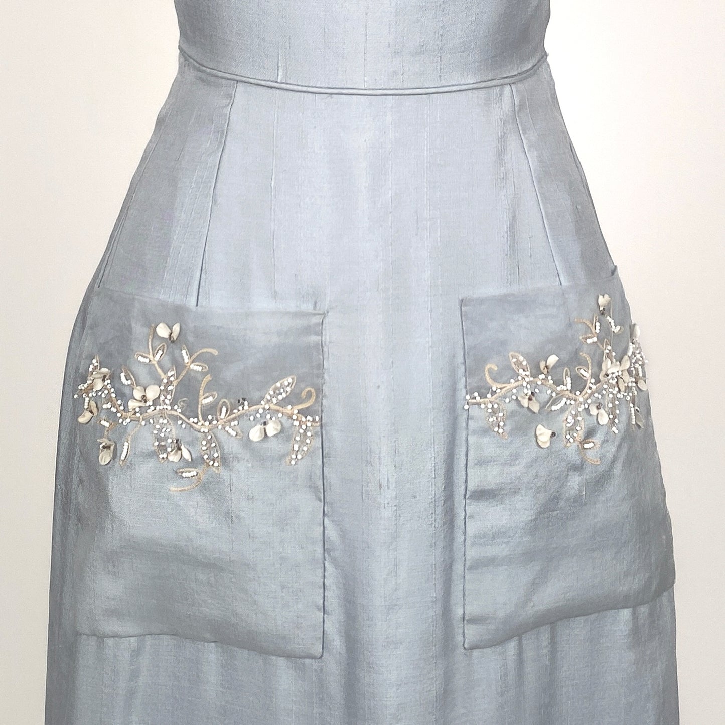 1950s 'Oh So Pretty' Powder Blue Wiggle Dress with Beaded Neckline / Waist 26