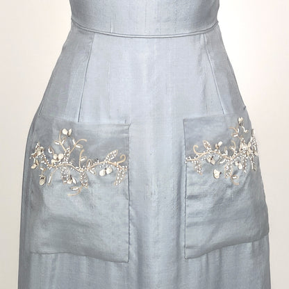 1950s 'Oh So Pretty' Powder Blue Wiggle Dress with Beaded Neckline / Waist 26