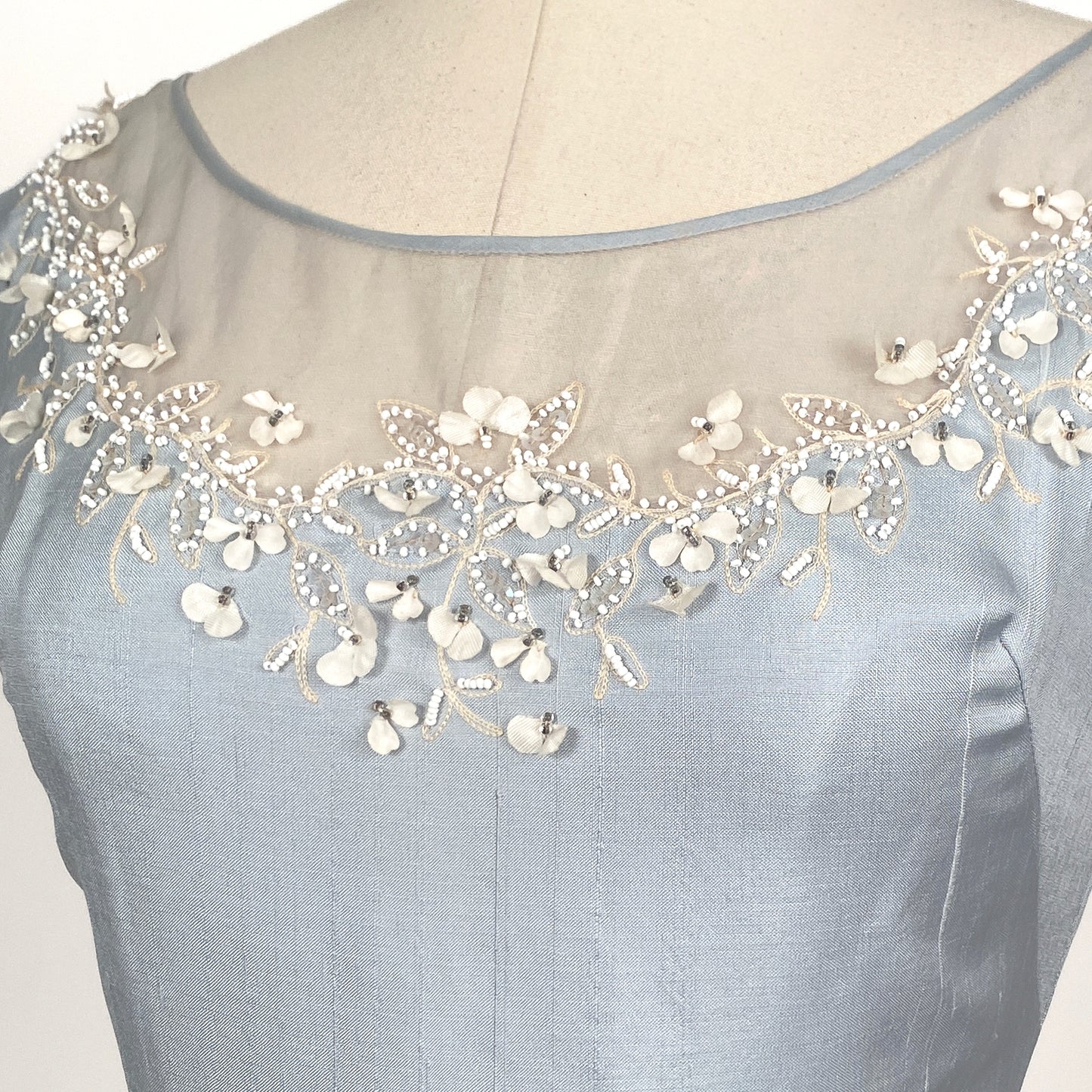 1950s 'Oh So Pretty' Powder Blue Wiggle Dress with Beaded Neckline / Waist 26