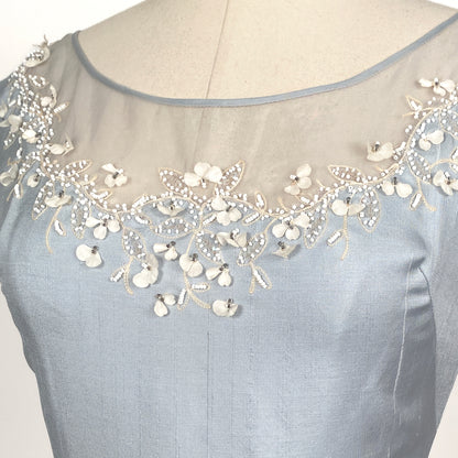 1950s 'Oh So Pretty' Powder Blue Wiggle Dress with Beaded Neckline / Waist 26