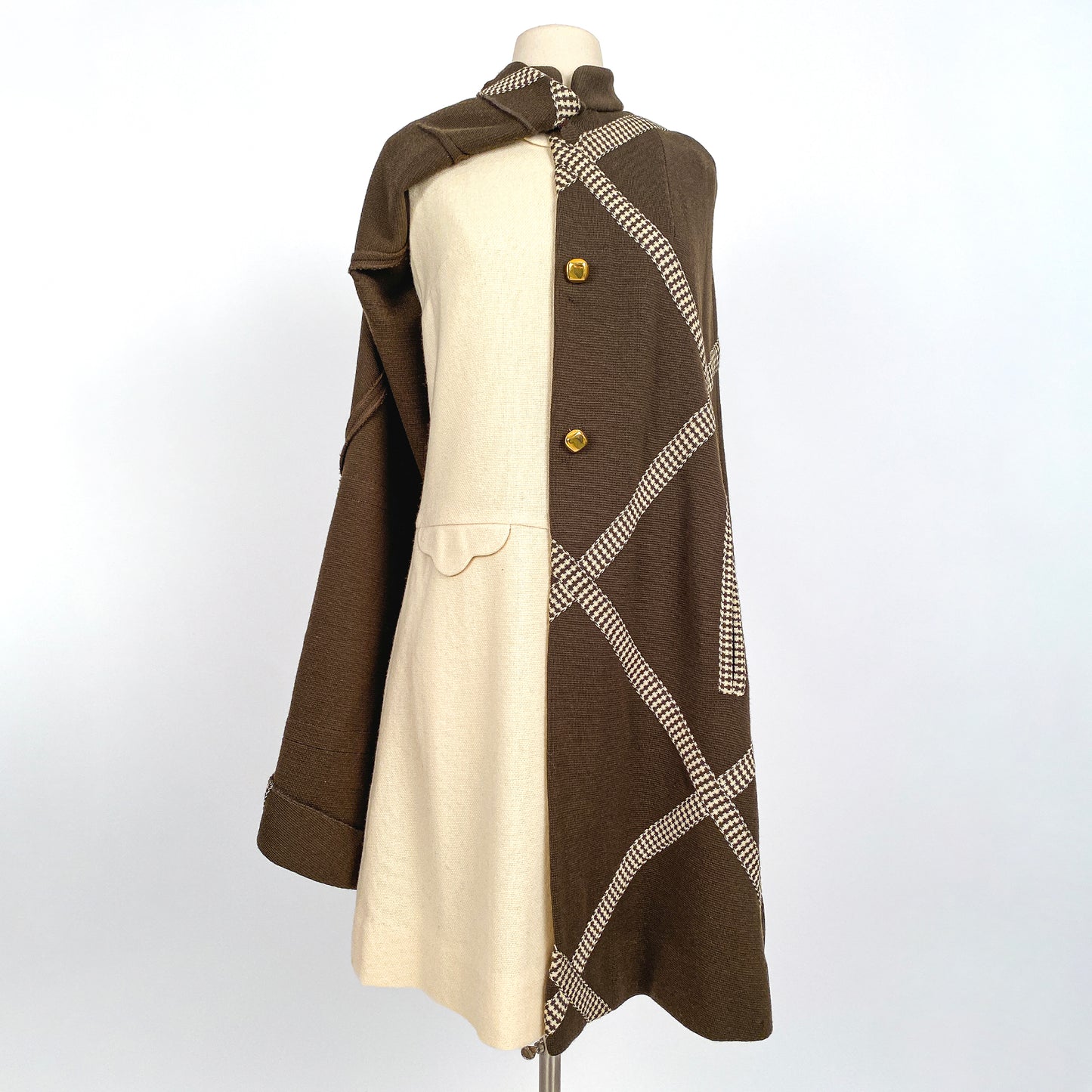 1960s Brown Wool Cape with Checkered Trim / One Size