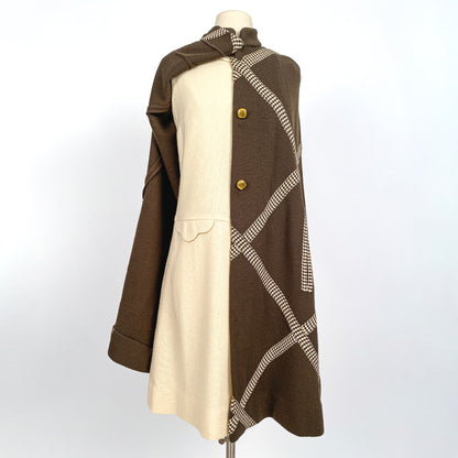 1960s Brown Wool Cape with Checkered Trim / One Size