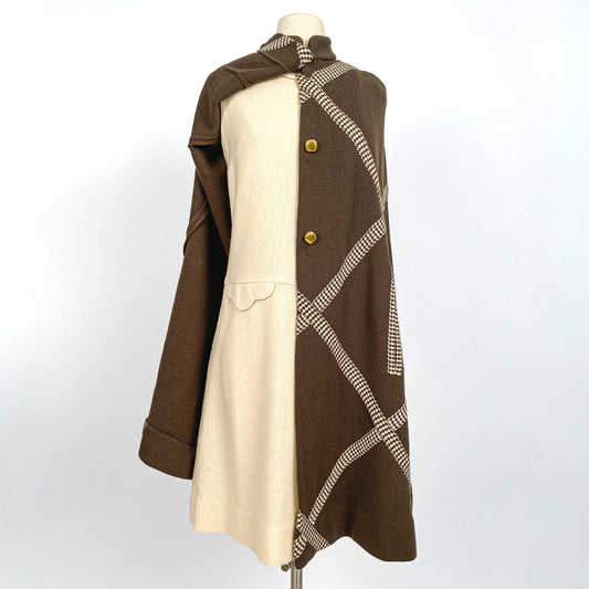 1960s Brown Wool Cape with Checkered Trim / One Size