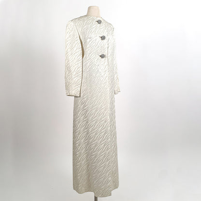 1960s White Brocade Evening Coat with Rhinestone Buttons / OSFM