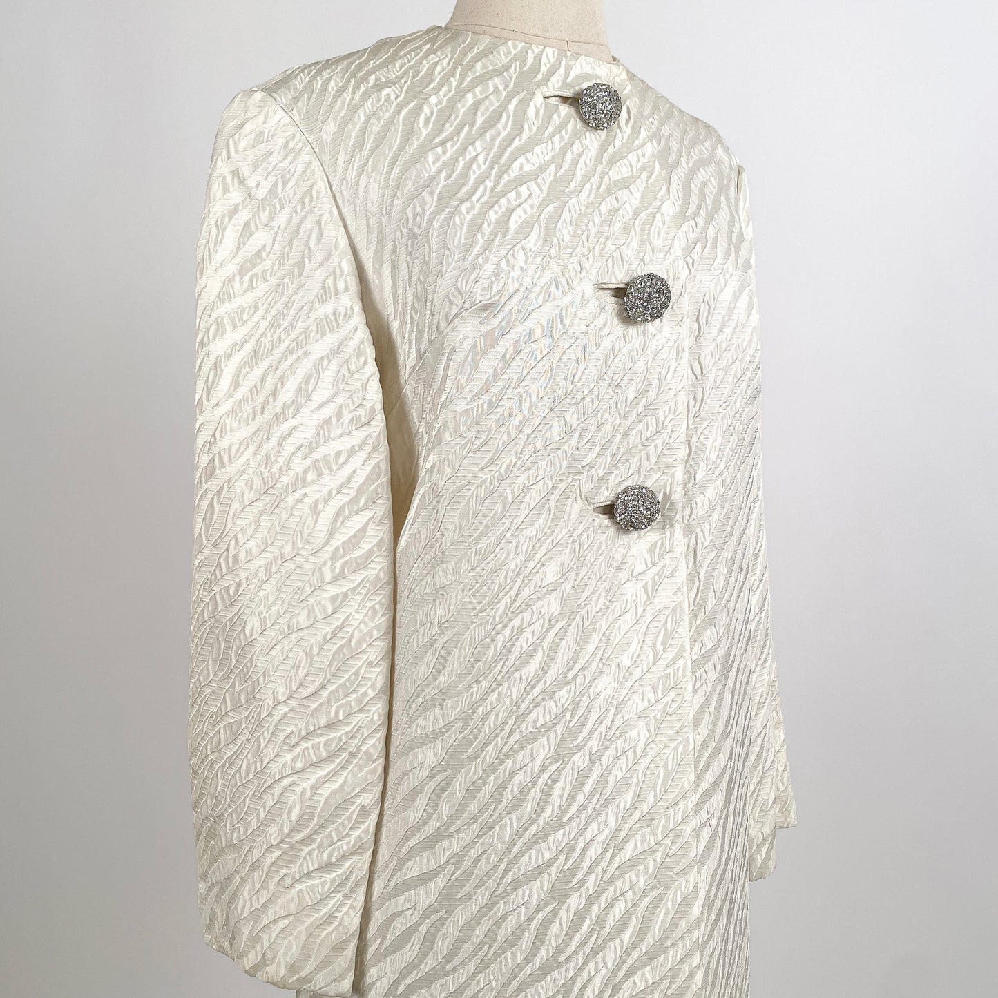1960s White Brocade Evening Coat with Rhinestone Buttons / OSFM