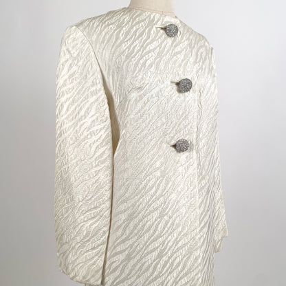 1960s White Brocade Evening Coat with Rhinestone Buttons / OSFM