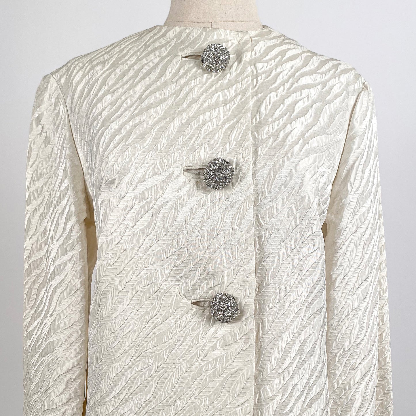 1960s White Brocade Evening Coat with Rhinestone Buttons / OSFM