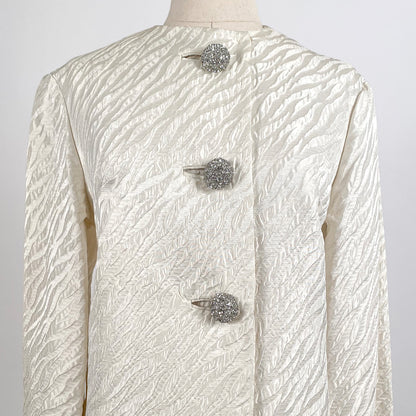 1960s White Brocade Evening Coat with Rhinestone Buttons / OSFM