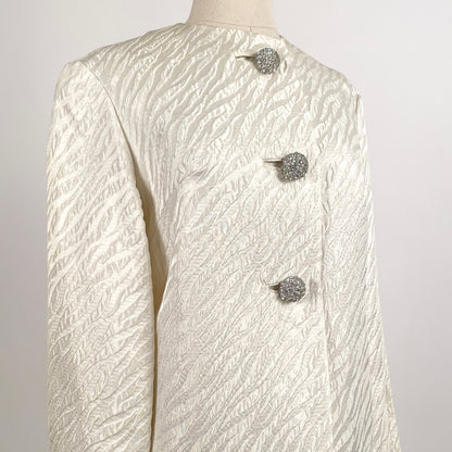 1960s White Brocade Evening Coat with Rhinestone Buttons / OSFM