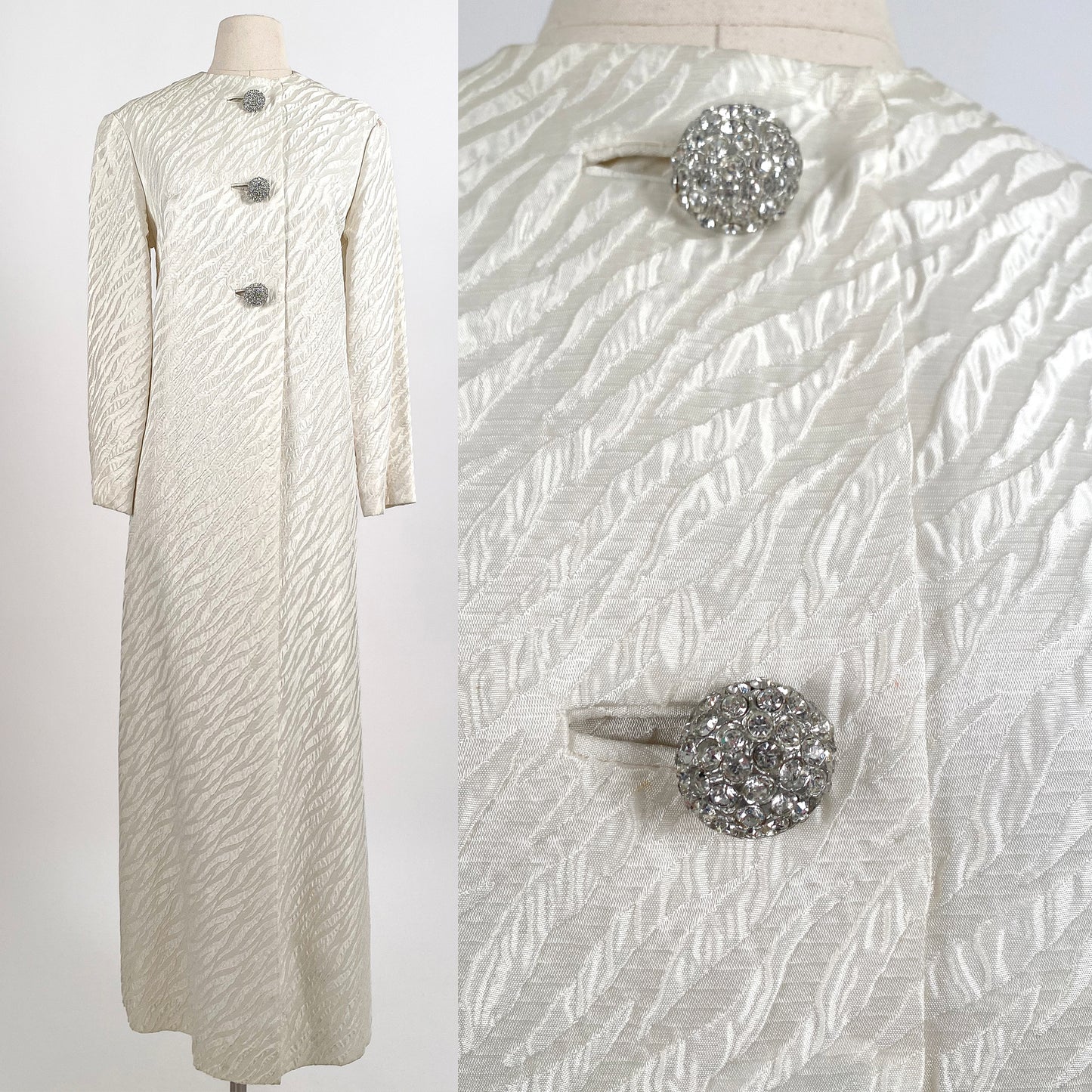 1960s White Brocade Evening Coat with Rhinestone Buttons / OSFM
