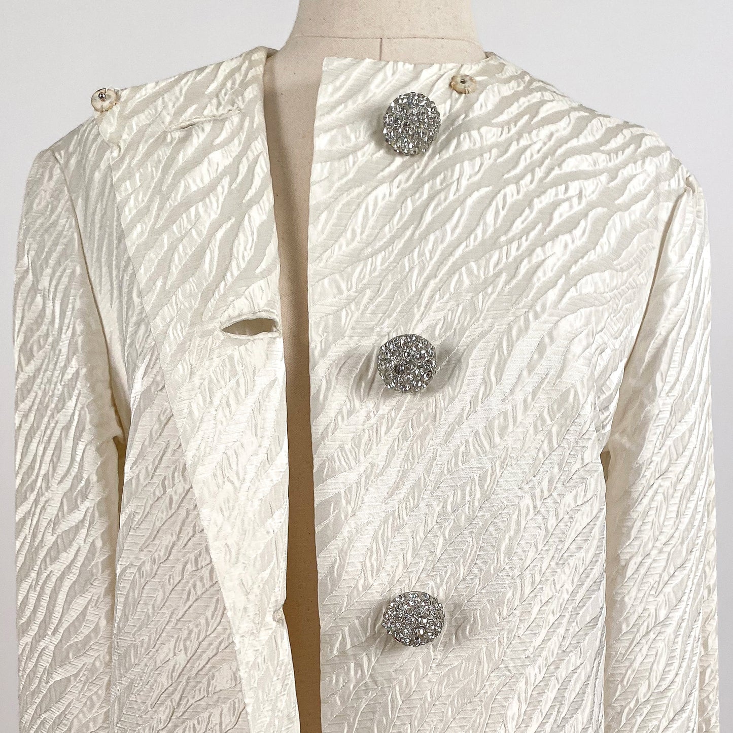 1960s White Brocade Evening Coat with Rhinestone Buttons / OSFM