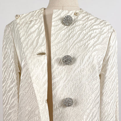 1960s White Brocade Evening Coat with Rhinestone Buttons / OSFM