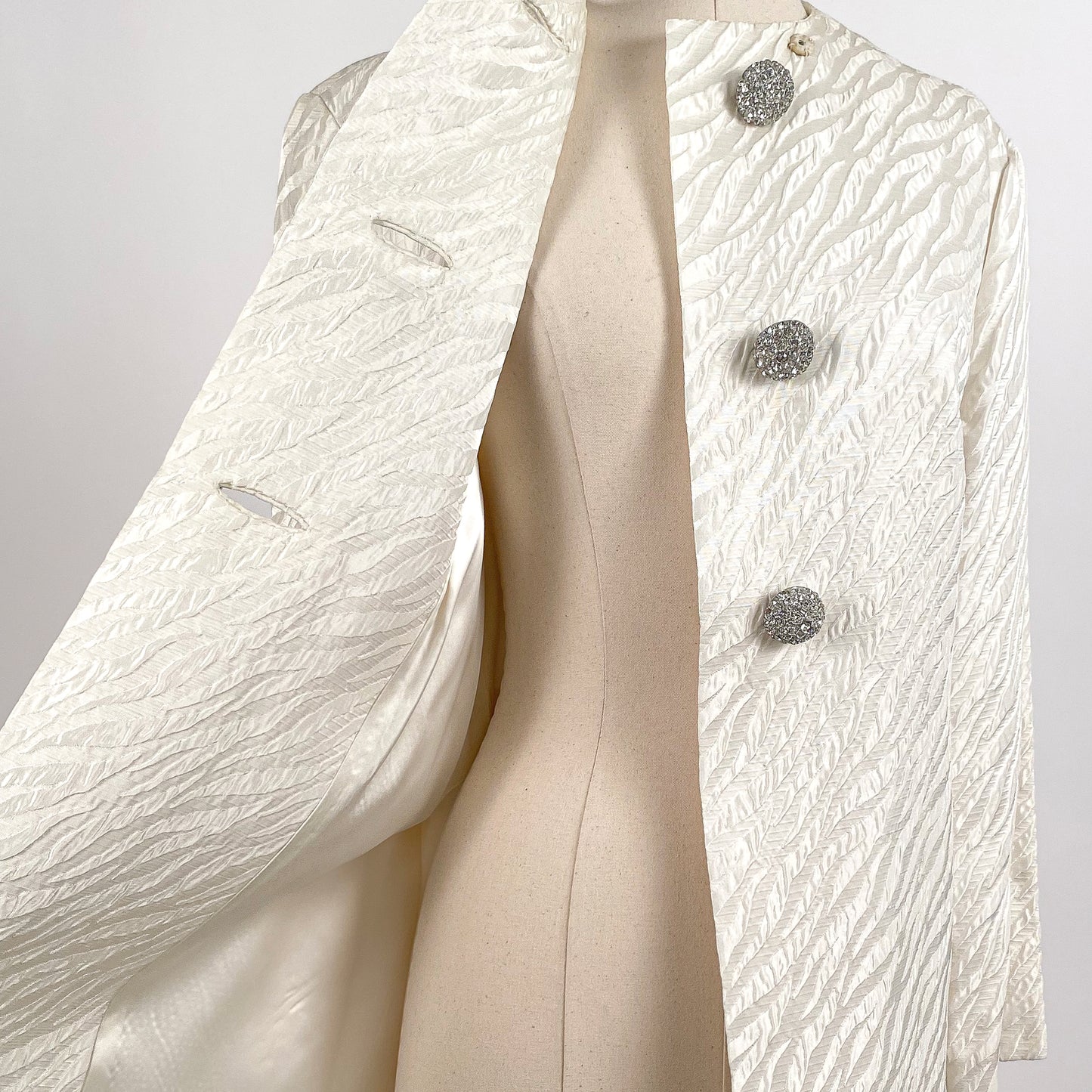 1960s White Brocade Evening Coat with Rhinestone Buttons / OSFM