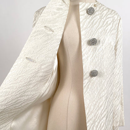 1960s White Brocade Evening Coat with Rhinestone Buttons / OSFM