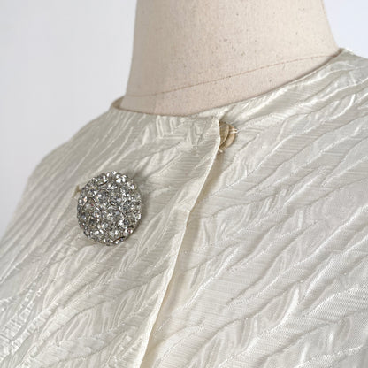 1960s White Brocade Evening Coat with Rhinestone Buttons / OSFM