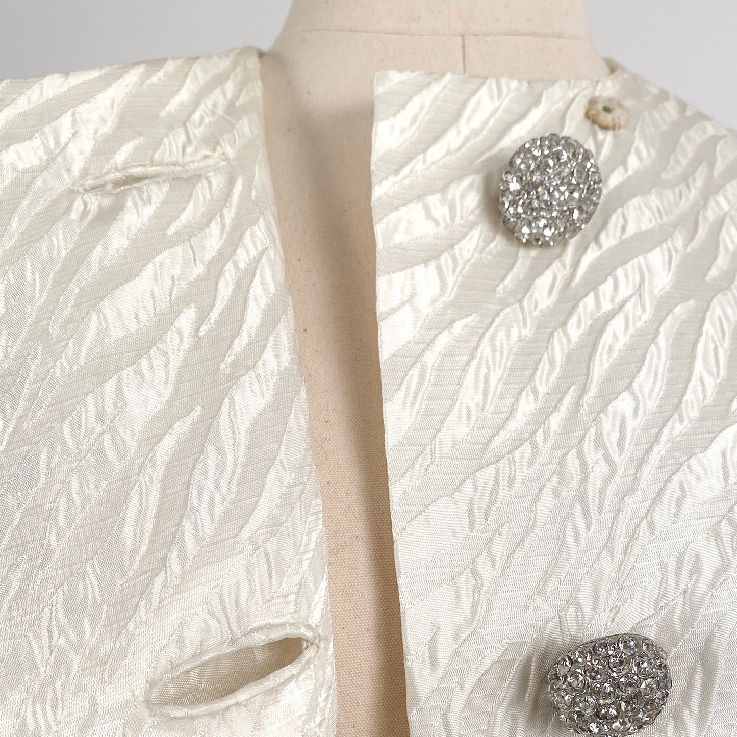 1960s White Brocade Evening Coat with Rhinestone Buttons / OSFM