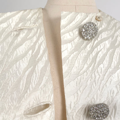 1960s White Brocade Evening Coat with Rhinestone Buttons / OSFM