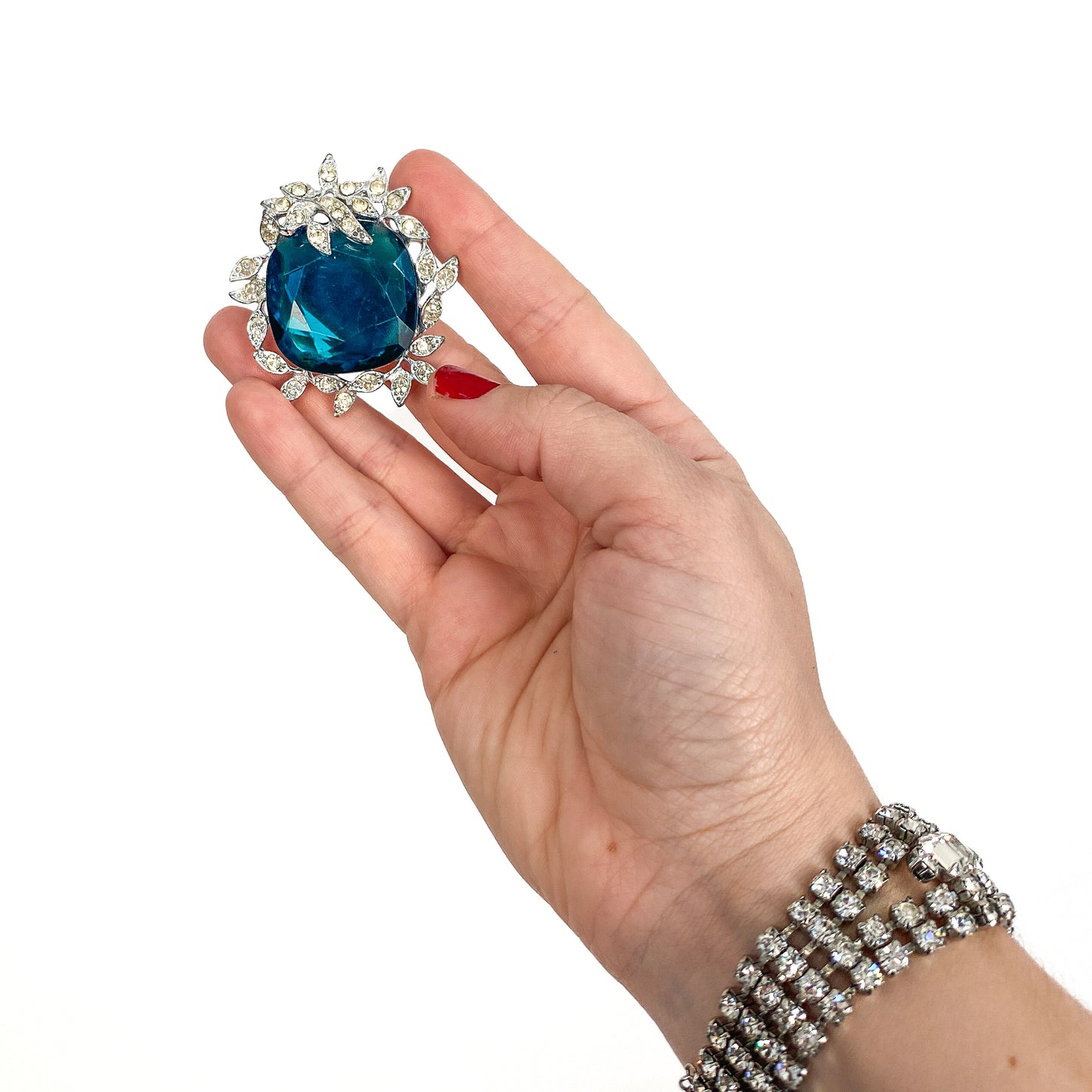 1960s Emerald Colored Glass and Rhinestone Brooch