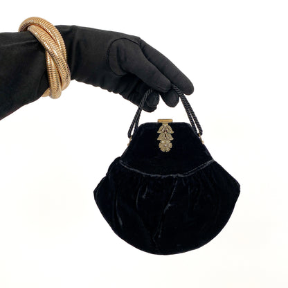 1930s Black Silk Velvet Wristlet Handbag